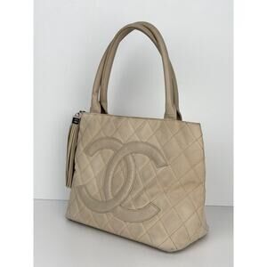Chanel Quilted Caviar Logo and Canvas Medallion Tote Handbag Beige 2004-2005 C7